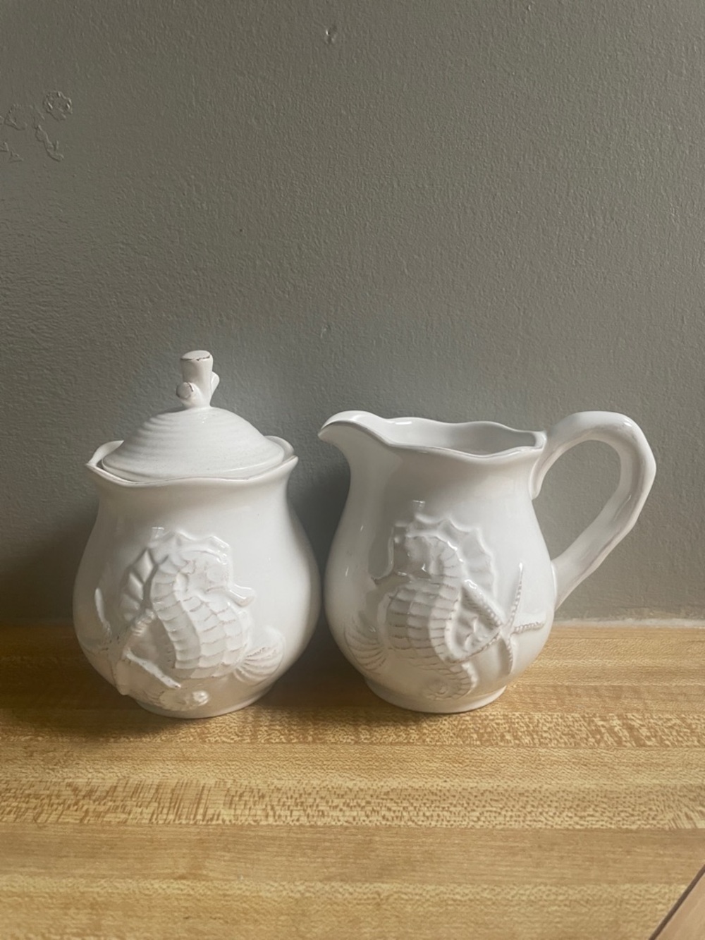 BLue Sky By Clay Works White Ceramic Seahorse Creamer and Sugar Set